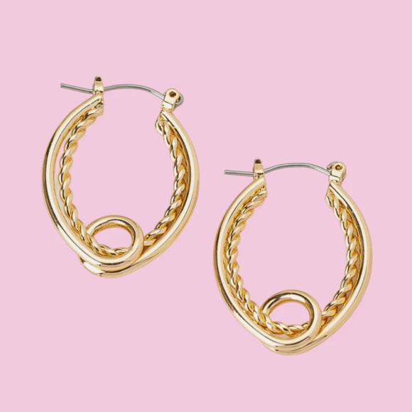 Anthropologie Jewelry - 14k Gold Plated Double Ring Twisted Knot Ribbed Textured Hoops Hoop Earrings
